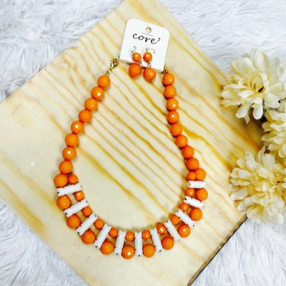 CORE Orange Beaded Disco Ball Necklace Earrings Set White NWT Glam